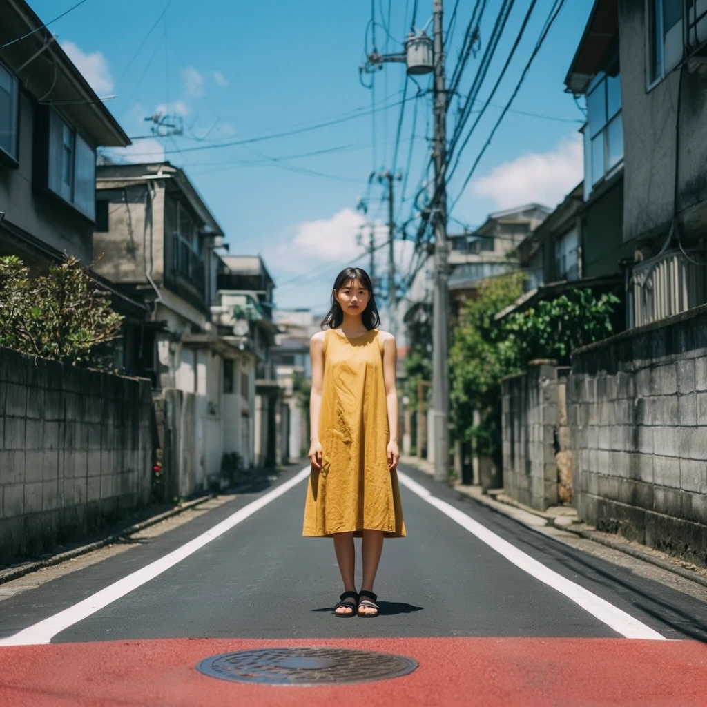 A young woman stands centered in a narrow residential street wearing a sleeveless mustard-yellow dress and black sandals. Dense concrete buildings, cinderblock walls, and utility poles strung with heavy overhead power lines flank the dark asphalt road. Solid white lines mark the street edges, leading to a red-painted pavement section with a circular manhole cover in the immediate foreground. Bright midday sunlight casts sharp, short shadows beneath her feet. The urban background gently softens into a shallow depth of field under a clear blue sky dotted with sparse white clouds.