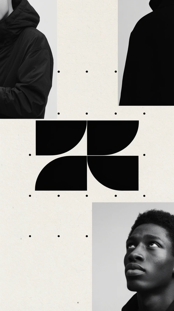 minimalist fashion editorial collage on textured off-white paper, upper left features a cropped monochrome photo of a figure in a dark hooded jacket, upper right displays a dark silhouetted shoulder, lower right contains a black-and-white portrait of a young Black man looking upwards, prominent black abstract geometric shape made of solid blocks and curved cutouts, scattered tiny black circular dots forming a subtle grid, brutalist design aesthetic, high contrast monochromatic visual elements against a pale background, modern editorial layout