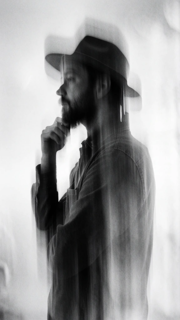 high-contrast black and white surrealist photography, vertical liquid smear and slit-scan distortion effect, grainy analog texture, profile of a man with a beard wearing a hat resting his chin on his raised hand, centered composition, glowing hazy white background, deep ink-like blacks, soft motion blur, ethereal dreamlike aesthetic, fashion editorial style, minimalist abstraction with soft bleeding edges, reminiscent of experimental darkroom techniques, haunting and elegant mood.