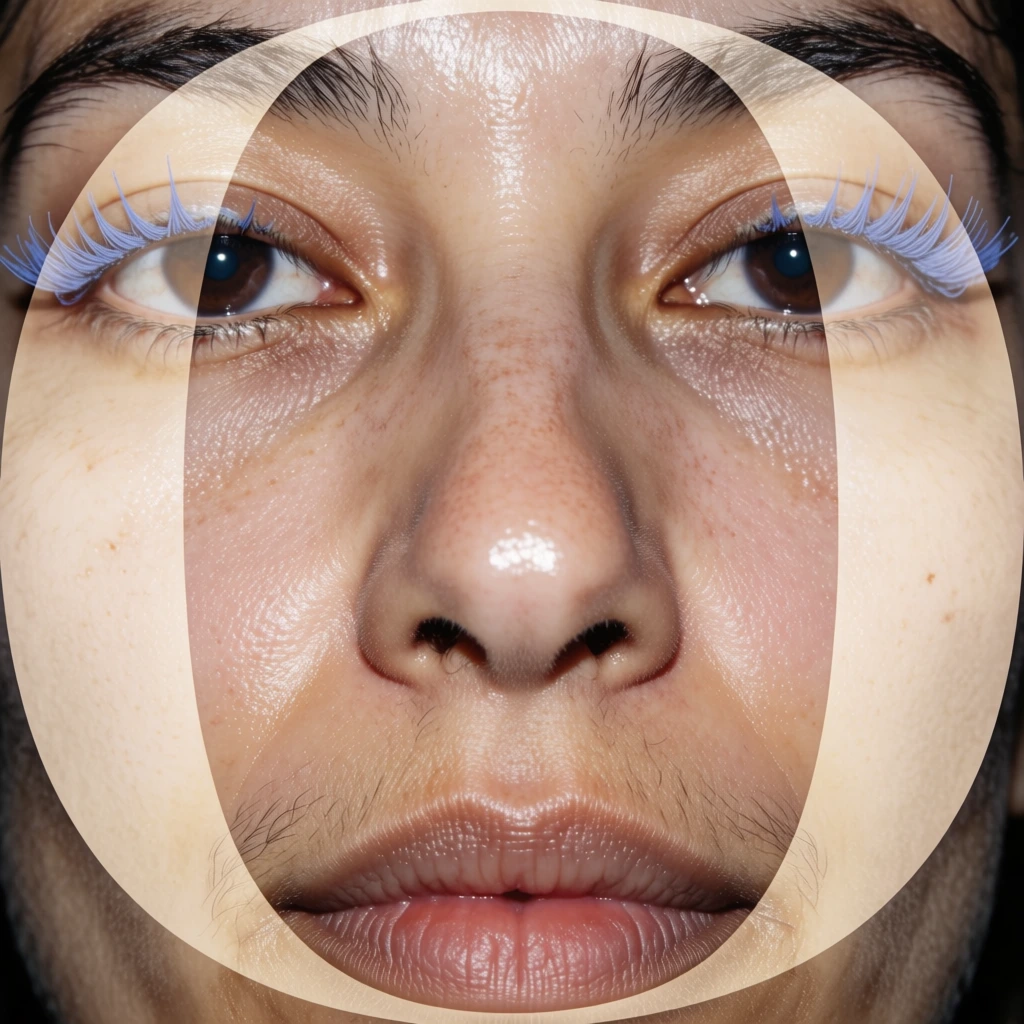 macro flash photography, harsh direct frontal lighting, extreme close-up of a woman's face framed within a giant ornate serif initial letter o, raw unretouched skin texture with visible pores and fine hairs, desaturated pale skin tones, the letter o features sharp black graphic outlines, vibrant periwinkle blue accents on the woman's eyelashes and letter decor, glossy dewy skin finish, clinical surrealist aesthetic, tight centered framing, minimalist commercial realism