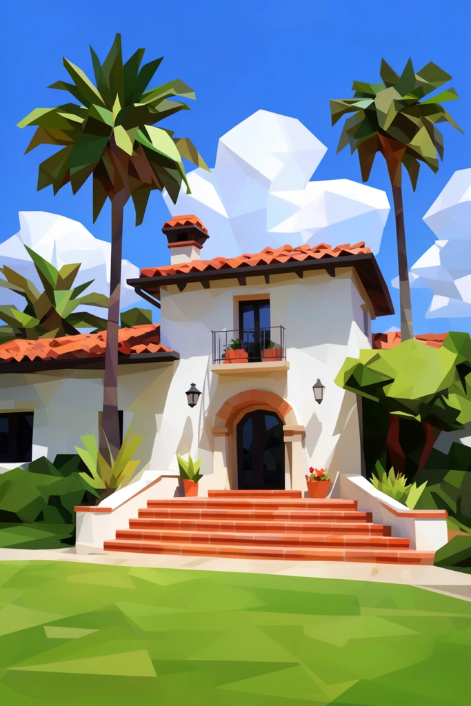 stylized Spanish house, white stucco, terracotta roof, palm trees, terracotta steps, low poly digital art, faceted geometric shapes, hard-edged shadows, green lawn, blocky white clouds, bright blue sky