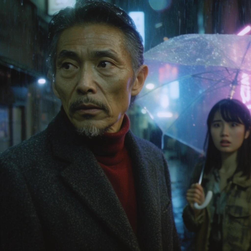 tense cinematic medium close-up of an older East Asian man, sharp cheekbones and thin goatee, intense expression looking off-camera left, wearing a charcoal wool overcoat over a crimson turtleneck, cold neon-lit rainy alleyway at night, blurred background featuring a young woman holding a glowing translucent umbrella with a concerned look, 35mm film aesthetic, shallow depth of field, moody cinematic lighting, cool blue and magenta neon highlights, heavy film grain