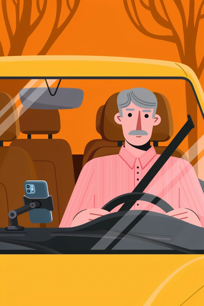 A flat 2D vector illustration of a man driving a car, viewed through the front windshield. The stylized man features grey hair and a mustache, wearing a pink striped button-down shirt and a seatbelt. His hands rest on a black steering wheel. A smartphone is mounted on the yellow dashboard. Behind him are two brown car seats. The background is a vibrant solid orange with stylized brown tree silhouettes. Diagonal white lines across the windshield represent glass reflections. The artwork uses a clean, warm autumnal color palette characteristic of modern editorial illustration.
