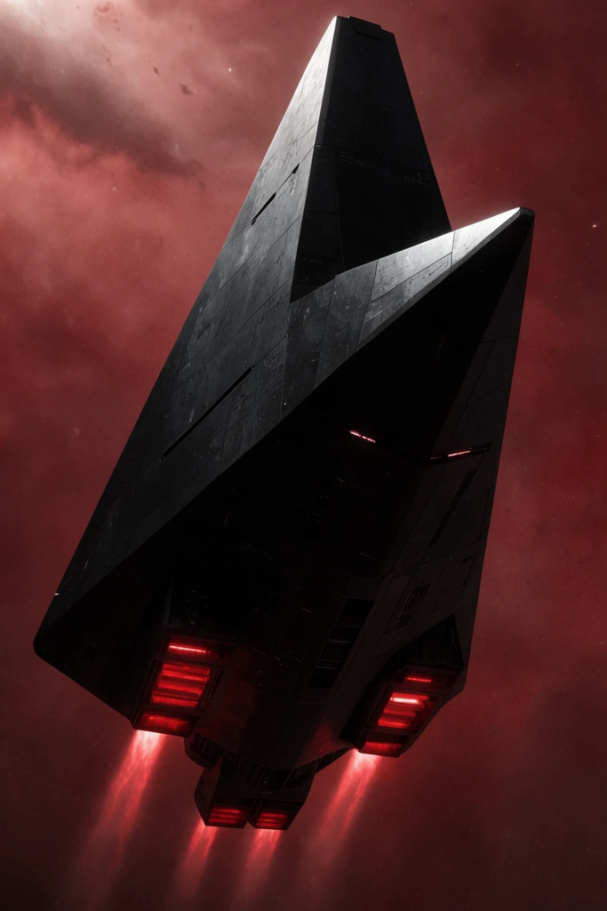 underside of a massive angular monolithic wedge-shaped spacecraft, matte obsidian hull plating, glowing red thermal exhaust vents, dramatic bottom-up perspective, sharp geometric lines, cinematic chiaroscuro lighting, dusty crimson nebula background