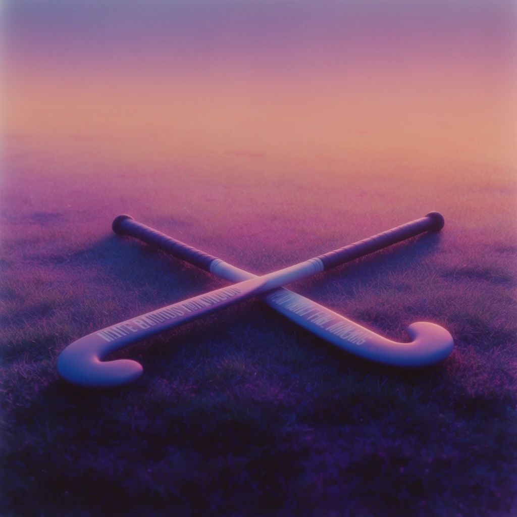 Two crossed double-ended field hockey sticks featuring text printed along their shafts rest on a grassy surface, immersed in a surreal, atmospheric color palette of deep purples, soft pinks, and vibrant peach gradients. The centrally framed sticks intersect over the textured grass, which is rendered in rich, shadowy indigos and dark magentas in the foreground. The background opens into a vast, smooth gradient of glowing twilight colors, transitioning upward from warm peach to dusty violet. The lighting is remarkably soft and ambient, enveloping the subjects in an ethereal, luminous haze with delicate, diffused edges. A highly stylized visual treatment permeates the scene, characterized by a vaporwave-inspired color grade, smooth matte finishes, subtle photographic film grain, and an overarching dreamlike, tranquil mood.