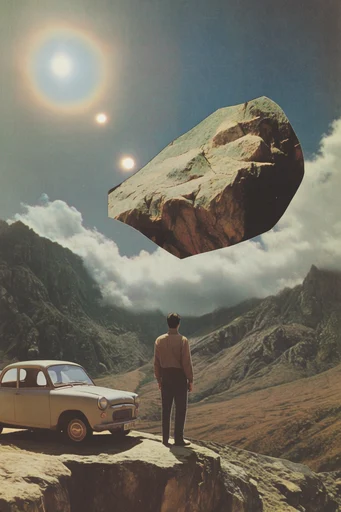Vintage Cosmic Surrealism style reference image — analog paper collage