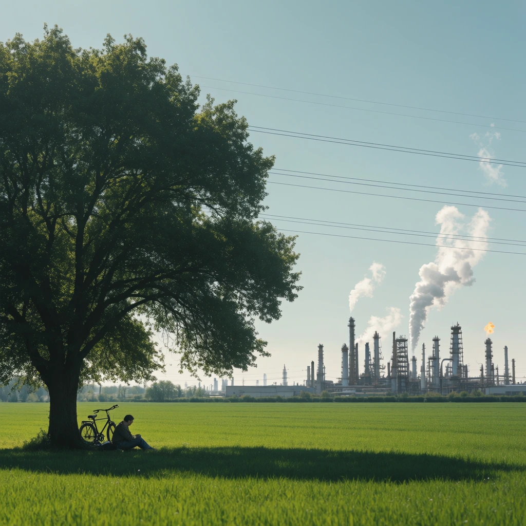 A person and a bicycle rest in the shade against the dark trunk of a large, leafy tree dominating the left foreground of a vibrant green field. Across the sunlit grass in the distant right, a sprawling industrial refinery with skeletal towers emits white steam and a small orange flare into a pale blue sky. Thin power lines cut horizontally across the upper frame in this cinematic, deep-focus landscape contrasting peaceful nature with heavy industry.