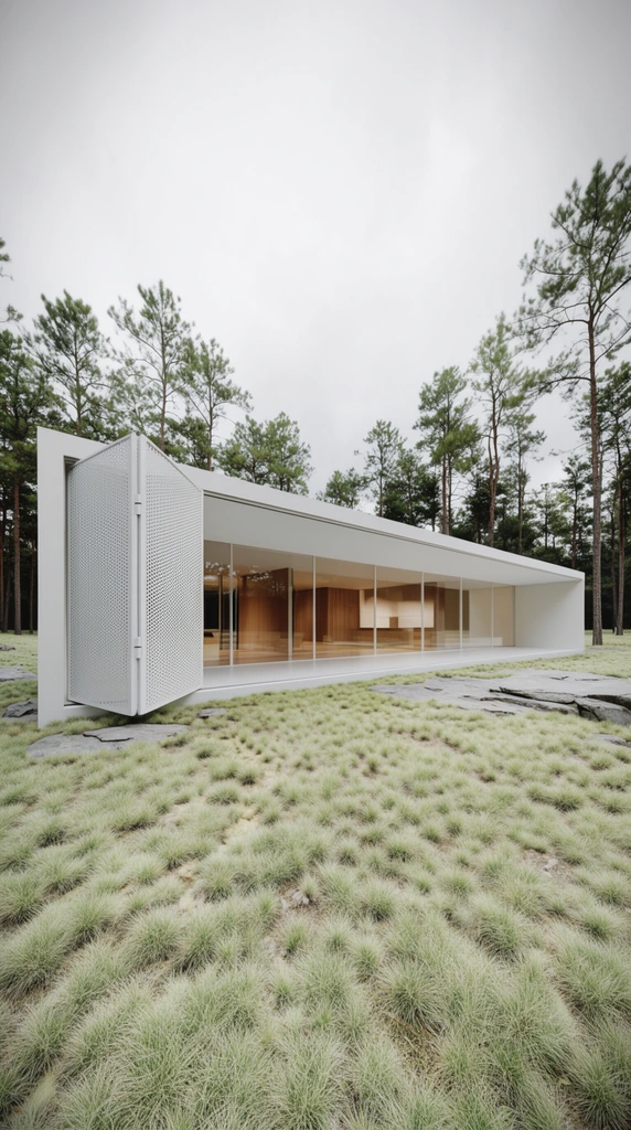 Modern minimalist single-story white house in a natural landscape, flat-roofed stark white facade, expansive floor-to-ceiling glass walls revealing warm wooden interior spaces, large angled perforated white metal folding shutter hinged on the left exterior, foreground of patchy light green tufted grass and flat grey rocks, backdrop of tall slender pine trees, overcast sky, soft diffuse lighting, photorealistic architectural rendering, wide angle perspective, contemporary design