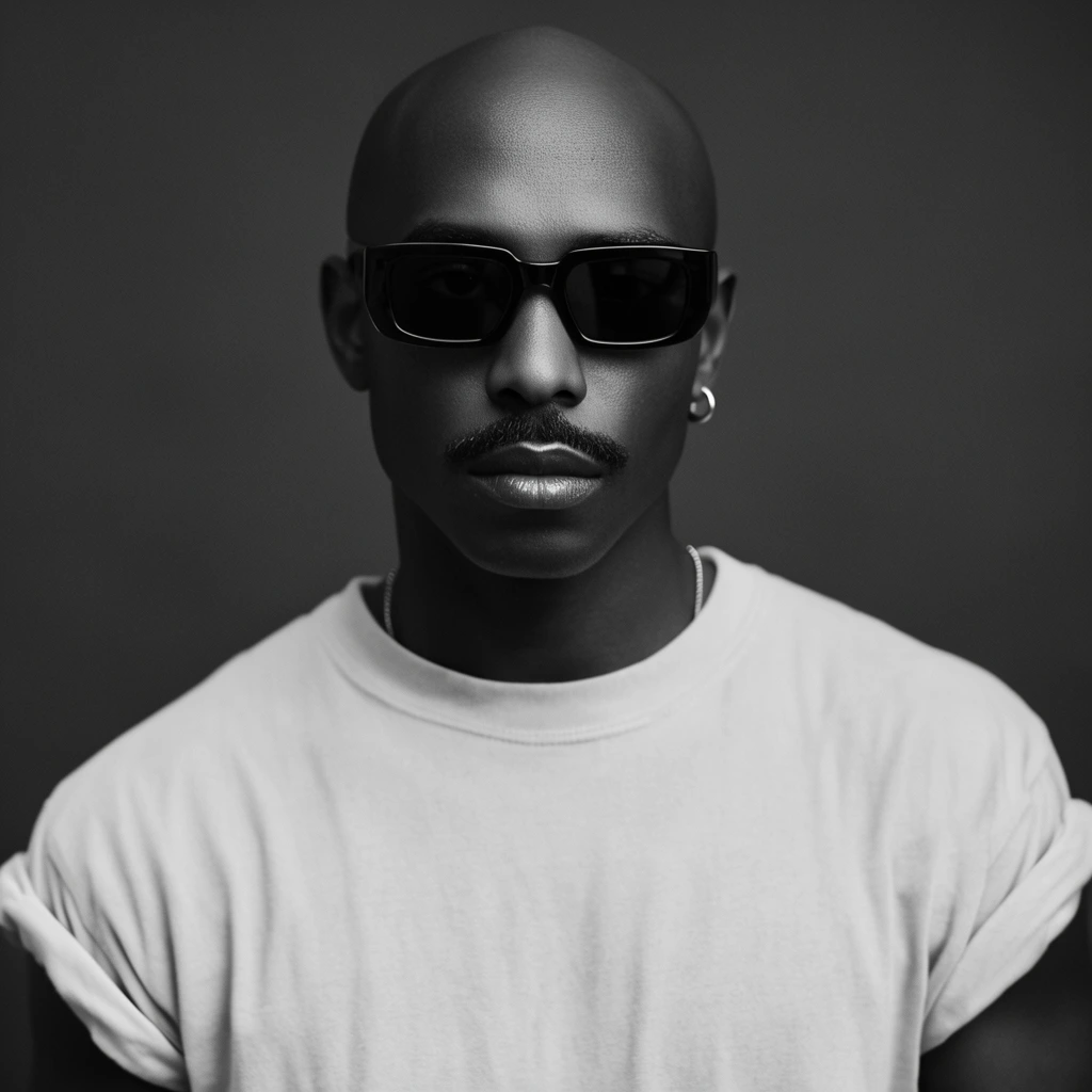 A monochromatic portrait of a bald man wearing dark rectangular sunglasses and a light-colored crew-neck t-shirt. He has a dark complexion, a neat mustache, and a stoic forward-facing expression. He sports a small metallic hoop earring, a thin chain necklace, and his t-shirt sleeves are rolled up to the shoulders. Soft diffused lighting highlights his smooth head and lips against a dark gray background. The center-framed composition uses a shallow depth of field, highlighting high-contrast black and white studio photography.