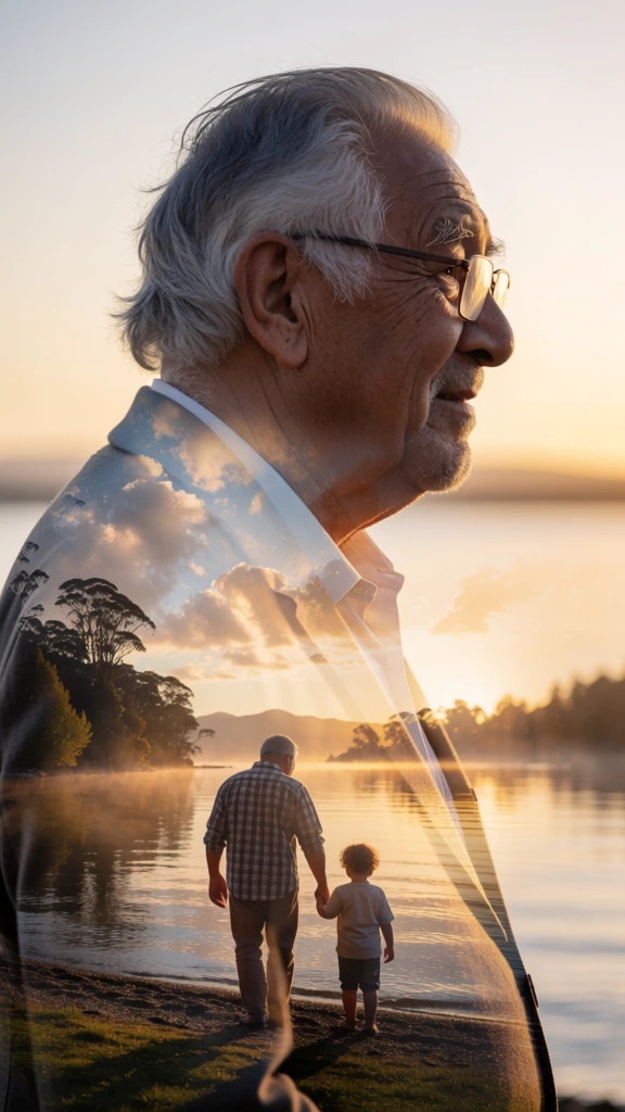 A surreal double exposure portrait of a maori elderly man in profile, his silhouette filled with a serene lakeside scene. Inside his figure, a father and child are walking hand in hand along the shore, surrounded by calm water, trees, and a glowing sunset sky. The warm golden light reflects off the lake, creating a soft, nostalgic, and emotional atmosphere. Fine details of the man's hair, glasses, and wrinkles are visible, blending naturally with the dreamy landscape within his silhouette. Hyper-realistic, cinematic lighting, soft tones, emotional depth, award-winning photography style.