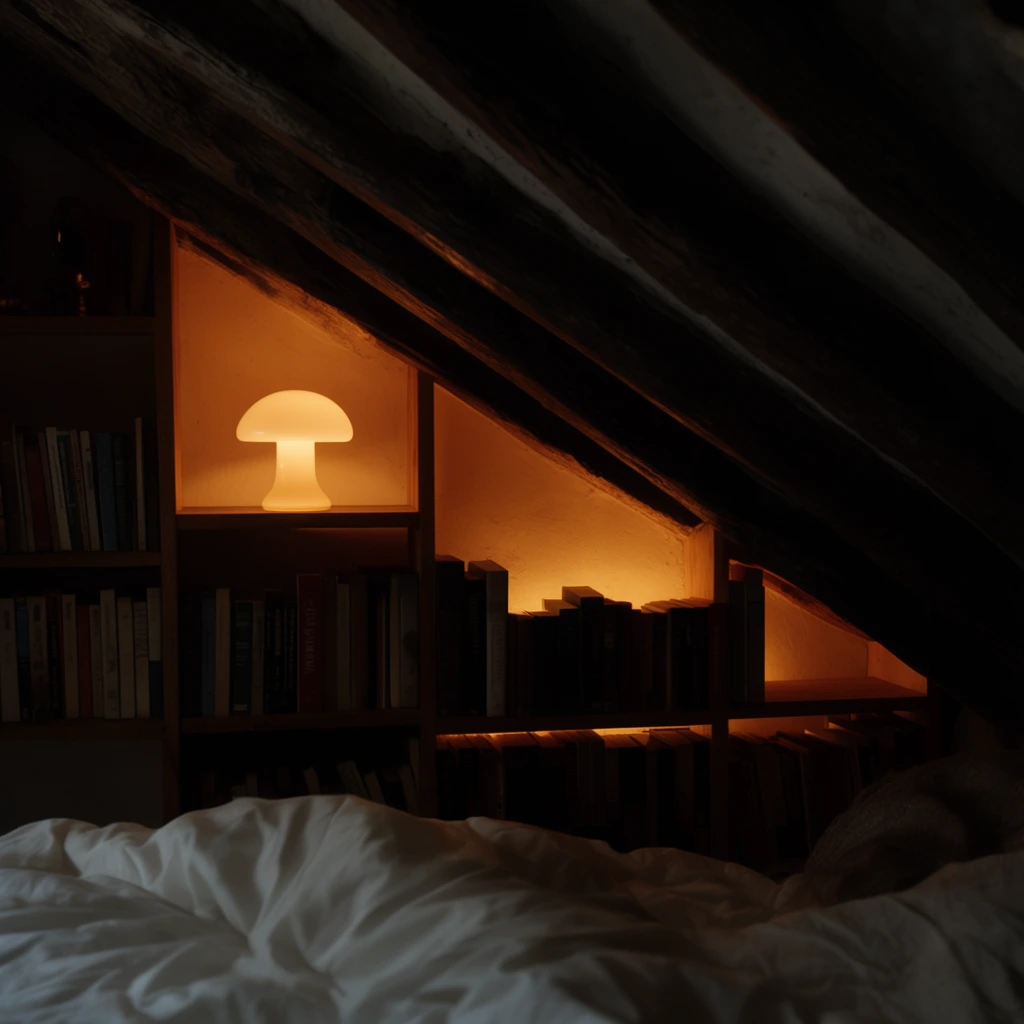 dimly lit attic, glowing mushroom lamp on a wooden bookshelf, sloping ceiling with heavy dark beams, books, warm amber backlighting, white duvet foreground, moody atmosphere, deep shadows