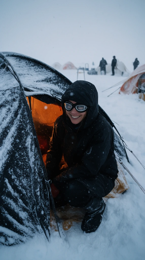 smiling person in black hooded jacket and goggles at entrance of snow-dusted dark tent, warm orange interior glow, falling snowflakes, distant tents and silhouetted figures in overcast white winter landscape, documentary expedition photography, cold atmospheric lighting