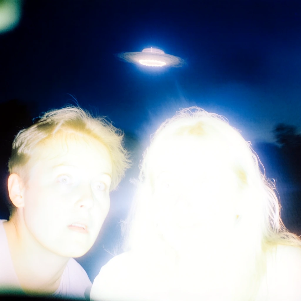 low-angle view through a car window, man and woman's wide-eyed reflections in a rearview mirror, a blindingly luminous ufo hovering in the deep indigo night, extreme overexposure from an intense on-camera flash, blown-out highlights dissolving subjects into white silhouettes, heavy bloom and ethereal halations, high-contrast palette of midnight blue and pure white, raw film grain, hazy lo-fi dreamcore aesthetic, startled candid energy, supernatural light bleed