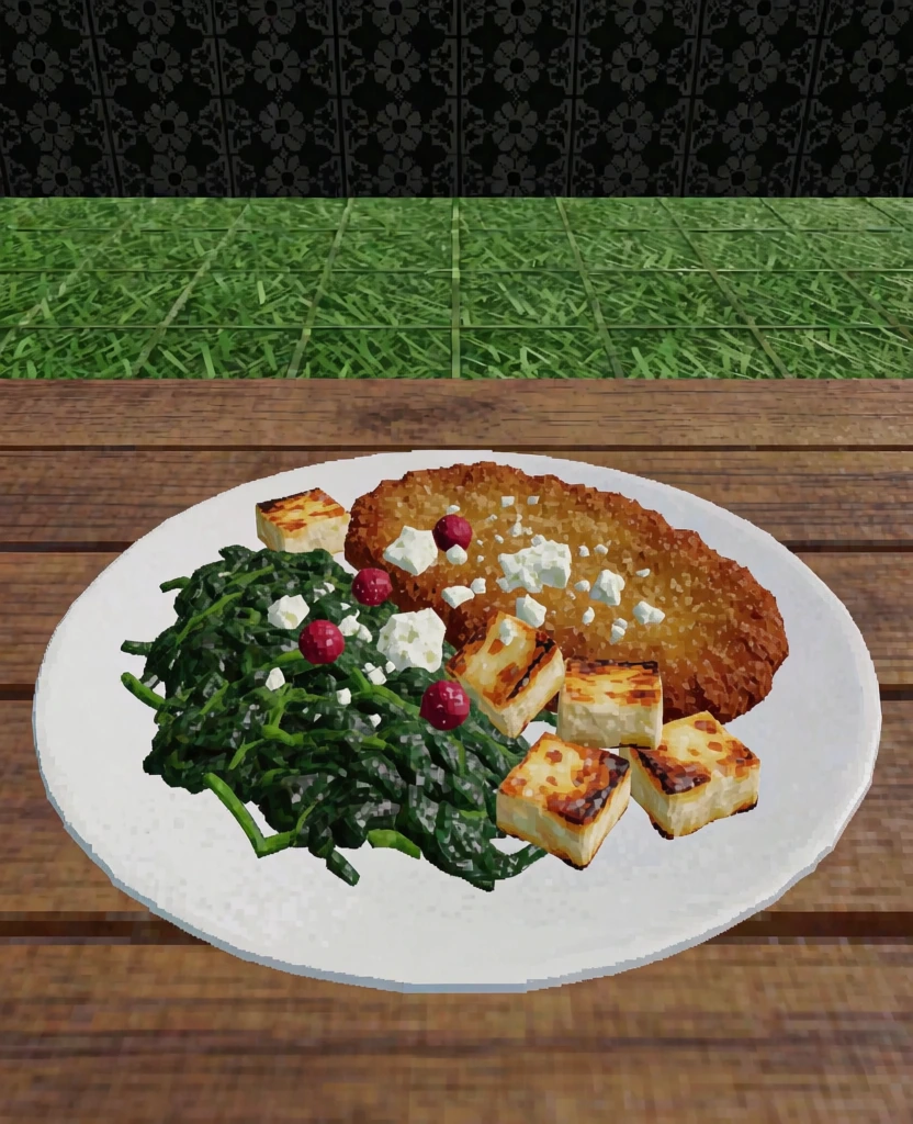 isometric low-fidelity 3d sprite of a white plate on a wooden table, containing vibrant leafy greens, a golden breaded cutlet, small grilled cheese cubes, red berries, and white crumbled cheese, early 2000s life simulation game aesthetic, heavily pixelated with aliased edges, crunchy pre-rendered textures, dithered shading, flat lighting, set against a background of textured green grass tiles and a dark floral pattern wall, low-resolution 256-color palette style.