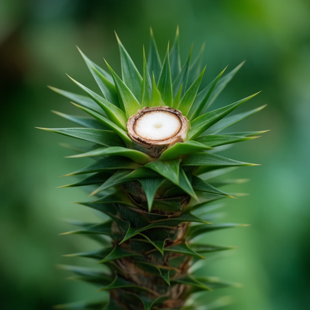cut spiky plant stem, exposed white circular core with brown ring, radiating rosette of sharp triangular green leaves, vertical trunk with overlapping spiky scales, smooth blurred green bokeh background, macro photography, natural lighting