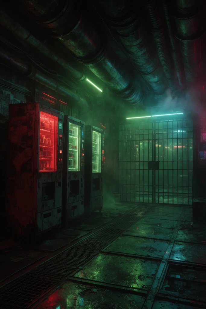 Gritty cyberpunk nightclub corridor. Glowing green and cyan neon illuminates damp metal floors and massive overhead pipes. Red-lit, distressed vending machines stand beside a heavy security gate shrouded in atmospheric fog. Cinematic dark sci-fi environment.