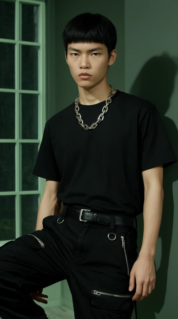 Young East Asian man, short blunt black hair, intense neutral gaze, plain black short-sleeve t-shirt, thick silver chain necklace, black cargo pants with silver zippers and D-rings, black leather belt, posing with one raised knee, dark sage green wall background, tall window with mint green grid frame, stark shadow cast on the wall, portrait photography, sharp focus, moody dark green and black color palette