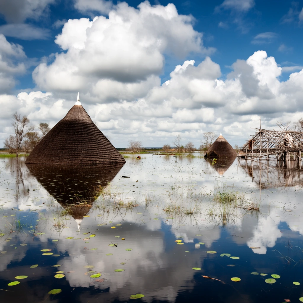Traditional conical thatched-roof huts are partially submerged in calm, expansive floodwater in this wide-angle landscape photograph. The prominent hut on the left features a steeply pitched, dark brown woven roof topped with a small white spire, its base swallowed by the mirror-like water. To the right, another similar hut and a skeletal wooden structure sit deep in the flood. The still surface perfectly reflects dramatic, puffy white cumulus clouds suspended in a bright blue sky. Scattered green lily pads and sparse tufts of tall grass break the water in the foreground, texturing the pristine reflection. In the distance, bare trees and a flat horizon line complete the serene wetland environment, rendered with sharp focus, high contrast, and natural daylight.