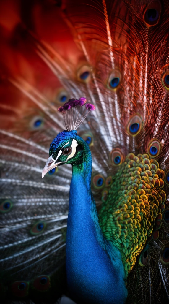 A macro portrait of a peacock with an iridescent cobalt blue neck and scale-like green chest feathers edged in gold. Facing left, the bird displays a white facial patch, pale beak, and a delicate crest tipped with purple tufts. Behind the sharply focused head, the fanned train features classic blue-centered ocelli transitioning into long, radiating plumes of metallic copper, rust, and silvery-grey. The background is a heavily blurred wash of deep crimson and burnt orange. Striking complementary lighting and a shallow depth of field emphasize the highly textured metallic sheen of the plumage against the warm, abstract backdrop.