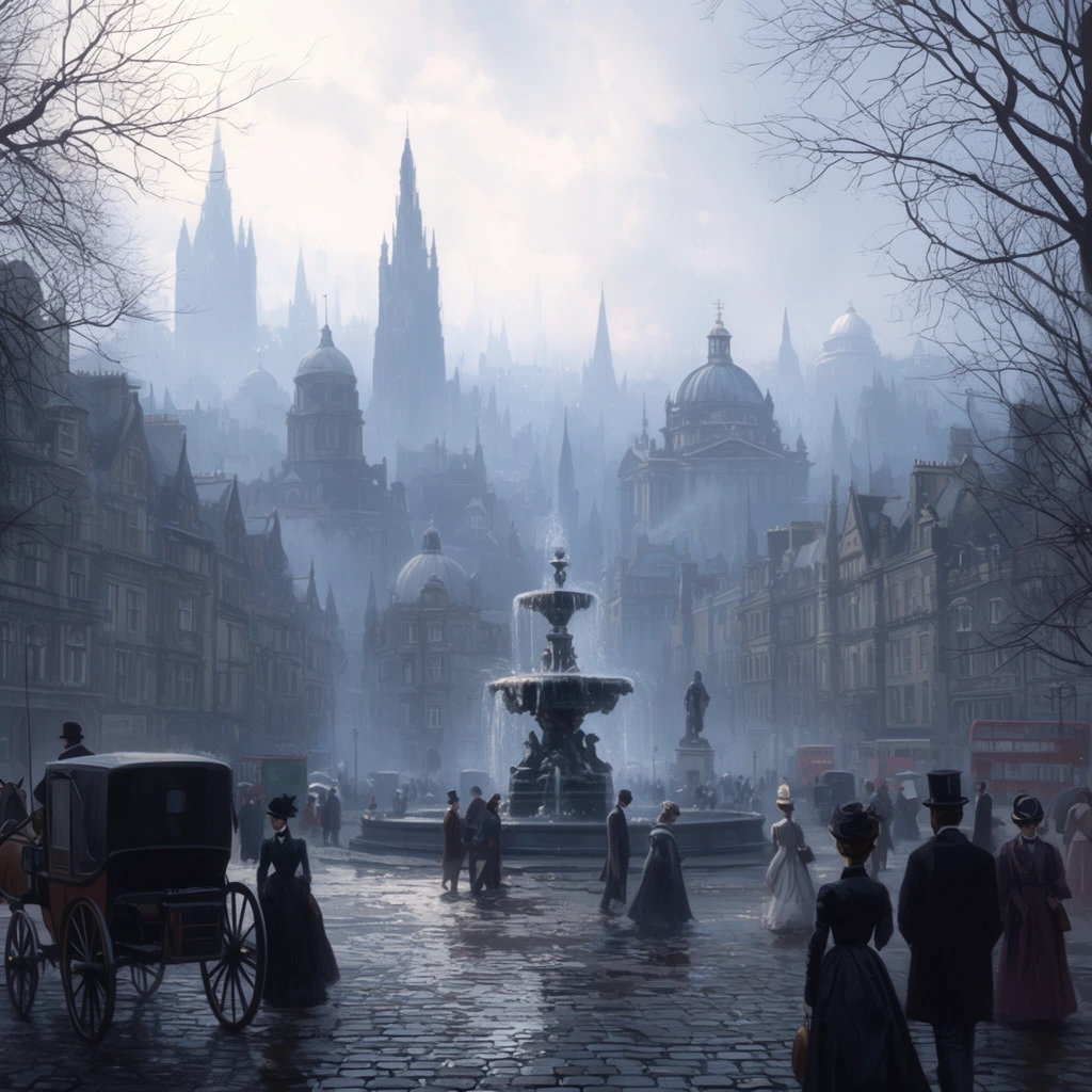 A bustling Victorian city square featuring pedestrians in period attire, a horse-drawn carriage, and an ornate central fountain on wet cobblestones. A misty, sprawling background cityscape reveals dense gothic spires and grand domes under a hazy sky. Framed by bare tree branches, the cinematic digital painting features muted cool tones and atmospheric perspective.