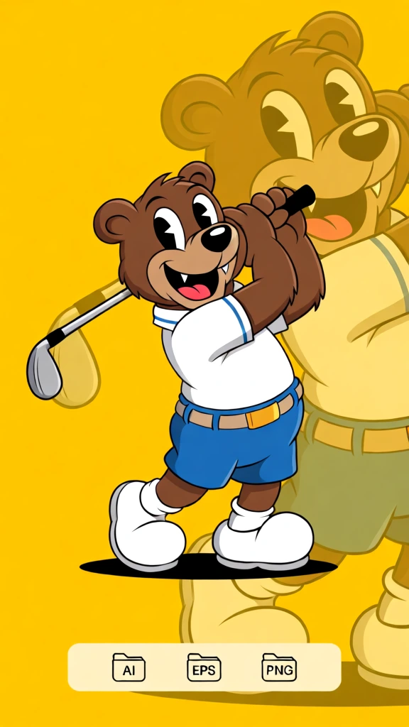 A cartoon illustration features a smiling brown bear character mid-swing during a game of golf against a vibrant yellow background. The bear, rendered in a classic 1930s rubber-hose animation style, has large white eyes with black pie-cut pupils, a prominent tan snout, and a wide-open mouth showing a pink tongue and two small white fangs. He wears a white short-sleeved polo shirt with a thin blue stripe on the collar, blue shorts held up by a tan belt with a gold rectangular buckle, white socks, and oversized white sneakers. His hands, covered in brown fur, grip a silver and black golf club that is swung behind his head, while his body is twisted in a follow-through pose. A larger, semi-transparent, and monochromatic yellow silhouette of the same character occupies the right half of the frame, mirroring the pose. The entire scene is set on a solid bright yellow backdrop with a thin black oval shadow beneath the bear's feet. At the bottom, a horizontal cream-colored bar contains three folder icons labeled "AI", "EPS", and "PNG" in black sans-serif font. The illustration uses clean black outlines, smooth cel-shading, and a warm color palette dominated by yellow, brown, and blue.