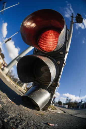 Hyper-Distorted Urban Street style reference image — extreme low-angle perspective