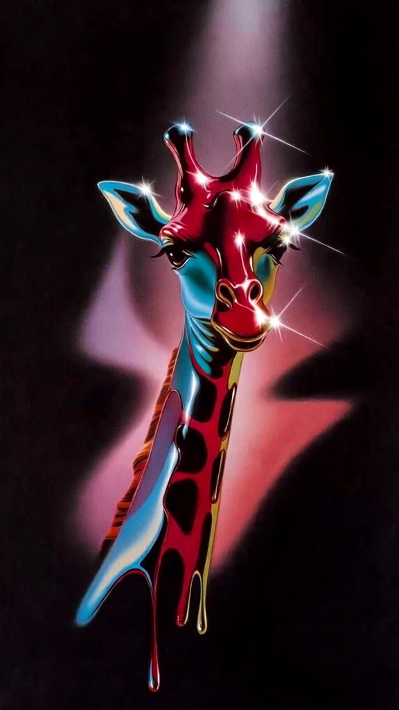 ultra-glossy surrealist airbrush illustration, sleek giraffe with a polished liquid texture, high-contrast dramatic spotlighting against a pitch black void, vibrant saturated palette of electric blue and magenta, sharp specular highlights, retro cross-star lens flare glints, fluid organic drips, liquid sheen, centered composition, background of bold geometric and fluid abstract shapes in a vaporwave gradient, 70s airbrush pop art aesthetic, clean sharp edges