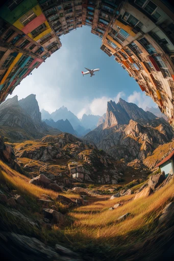 Vertiginous Brutalist Surrealism style reference image — extreme wide-angle fisheye