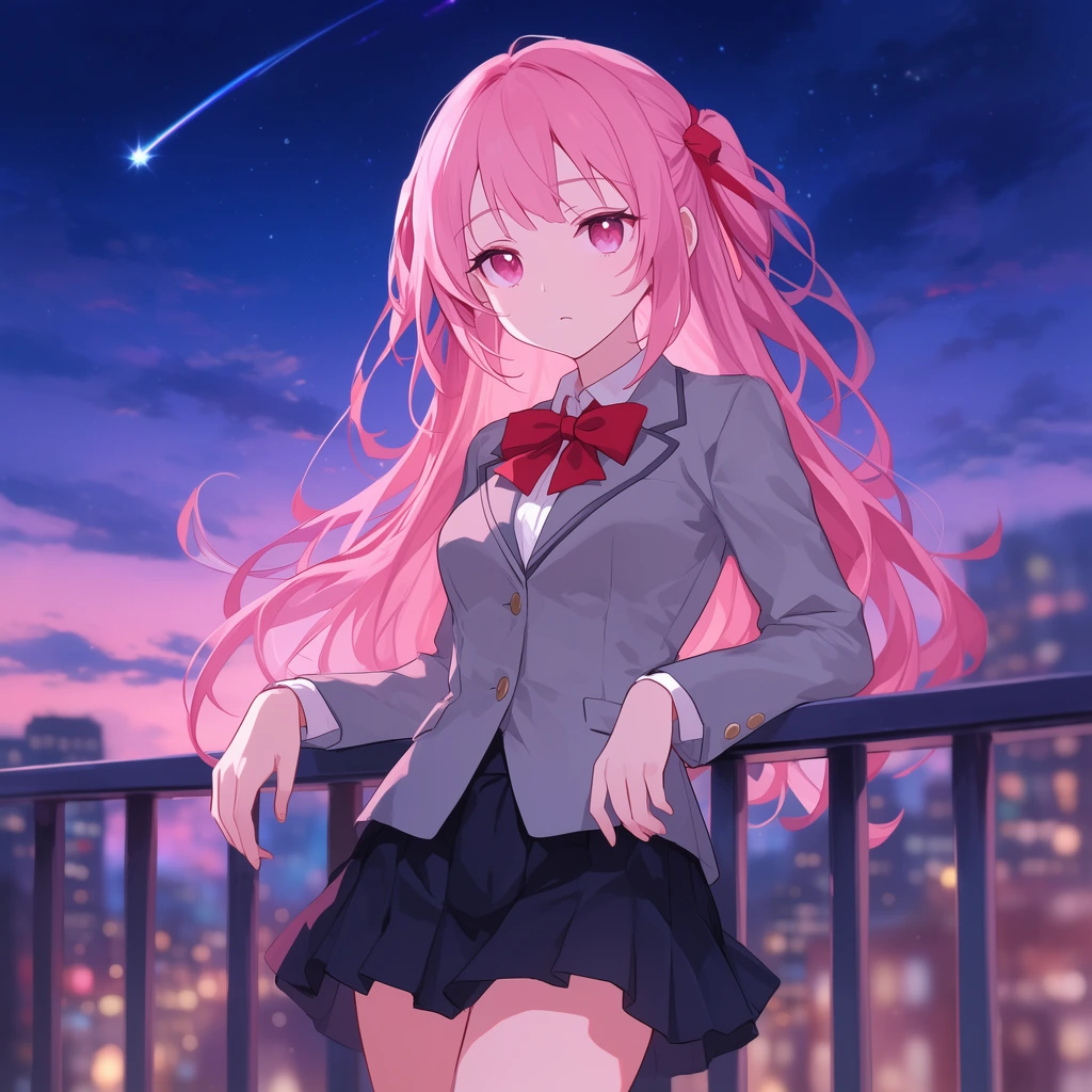 An anime-style girl with long pink hair leans against a balcony railing at night. She wears a grey blazer, red bow tie, and dark pleated skirt. A twilight sky, shooting star, and softly blurred city lights form the background.