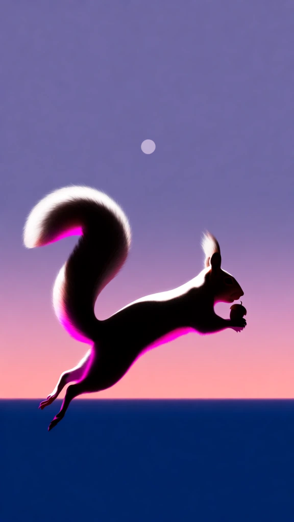 leaping squirrel clutching a single acorn, minimalist graphic silhouette, hard-edged chiaroscuro, vibrant neon magenta side-lighting on upper contours, deep ink-blue void shadows, ultra-smooth matte textures, fluid undulating serpentine lines of motion, a small pale moon centered in a soft lavender sky gradient, surreal ethereal atmosphere, high-contrast color blocking, crisp cinematic framing, total absence of detail in deep shadows, frozen kinetic energy against vast negative space