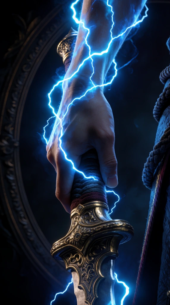 close-up of a hand gripping an ornate weapon hilt, vivid jagged blue electrical arcs wrapping around the arm and fingers, hilt featuring elaborate gold metalwork and thick braided cord, dark shadowy interior, faint circular decorative frame in the deep background, glowing neon blue energy effects, high contrast cinematic lighting, dark fantasy aesthetic