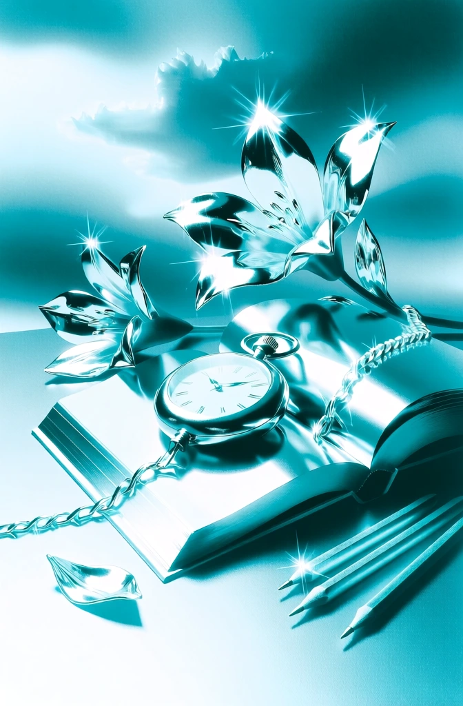 monochromatic cyan and white y2k chrome aesthetic, high-gloss liquid metal and translucent glass textures, harsh specular highlights with radiant starburst glints, central open book, metallic pocket watch with a delicate chain draped across the pages, three sleek pencils on the right, surrounding blooming chrome flowers and scattered petals, billowing airbrushed cloudy sky background, smooth digital gradients, high-contrast retro-futuristic digital rendering