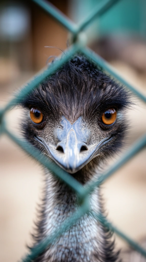 A macro portrait of an emu peering directly forward through an out-of-focus green chain-link fence. The centered bird features large, luminous amber eyes, a broad grayish-blue beak with distinct nostrils, and coarse, dark hair-like feathers sprouting from its crown. These feathers transition to soft, wispy grey and white down its slender neck. The diamond-shaped wire mesh cuts diagonally across the foreground, creating a soft geometric overlay. The background is a deeply blurred bokeh of beige, brown, and soft teal hues, isolating the sharp focus on the emu's intense gaze and highly textured plumage.