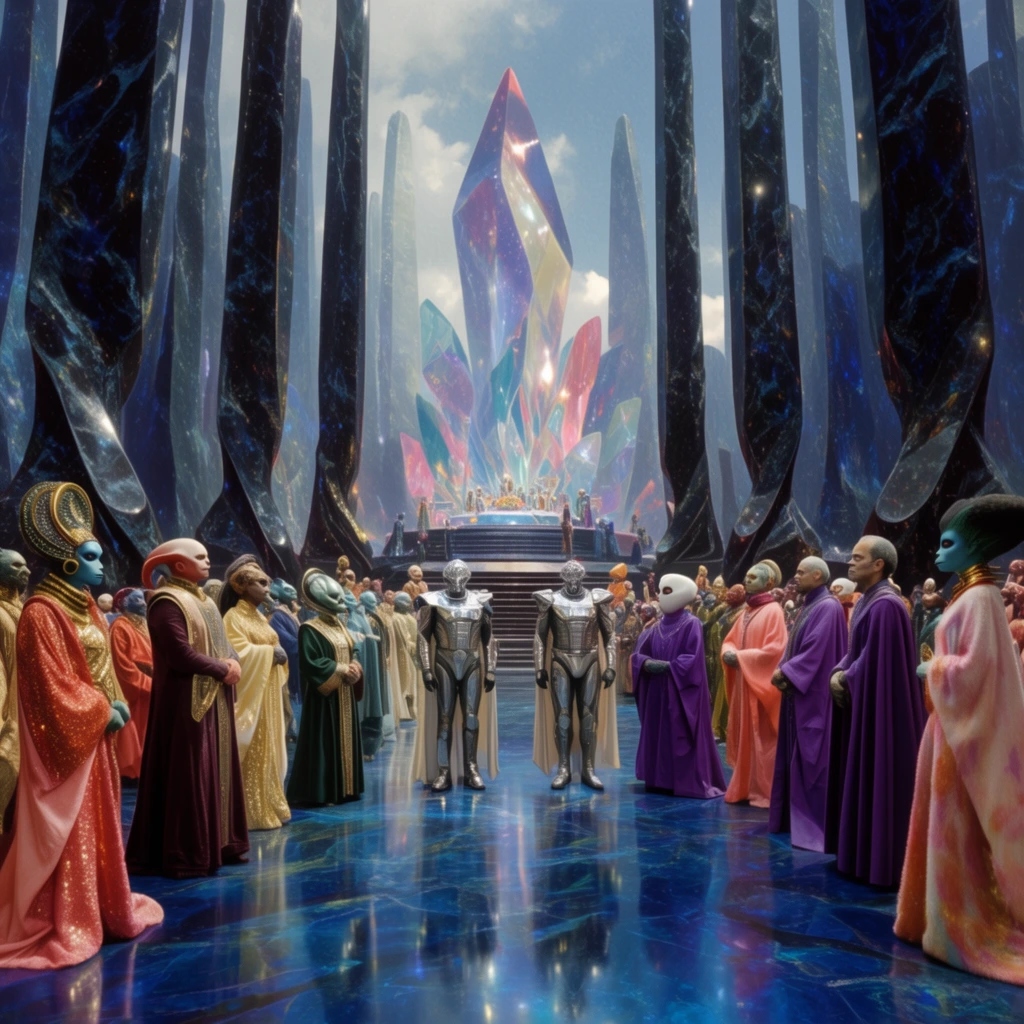 grand alien ceremonial hall, towering obsidian pillars, reflective sapphire floor, diverse beings in extravagant attire, central figures in silver armor, dignitaries in violet cloaks, distant crystal dais, wide cinematic shot, vibrant retro-futuristic sci-fi aesthetic