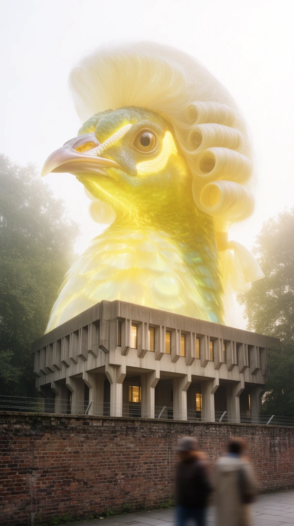 A surreal architectural composite featuring a colossal, translucent glowing yellow peacock superstructure rising from a Brutalist concrete courthouse. The giant avian head sports a towering powdered colonial wig, reaching into a hazy, overexposed sky. The lower building features heavy geometric pillars and warm glowing windows, positioned behind a weathered brick wall topped with security fencing. Two highly blurred pedestrians walk past the brick foreground, emphasizing the immense scale of the bizarre glowing architecture flanked by thick trees fading into a misty white background.