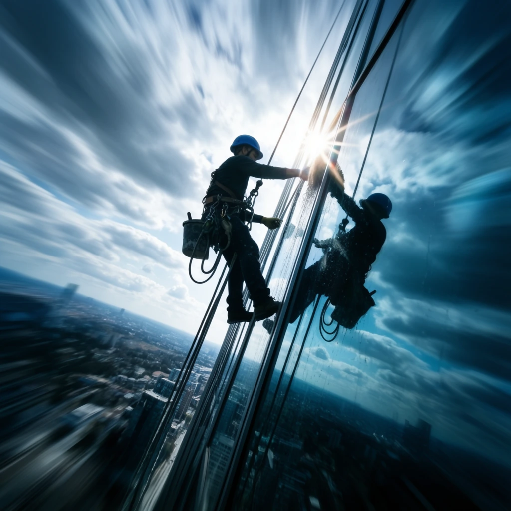 silhouetted window washer suspended on the sheer vertical facade of a glass skyscraper, worker wearing a blue safety helmet and climbing harness, sharp reflection mirrored in the glass panes, extreme radial zoom blur effect creating intense vertigo, dramatic downward perspective plunging towards a distant cityscape, bright sunburst glaring behind the building edge, cloudy sky, high contrast, cool cyan and deep blue color palette, dynamic wide-angle action photography