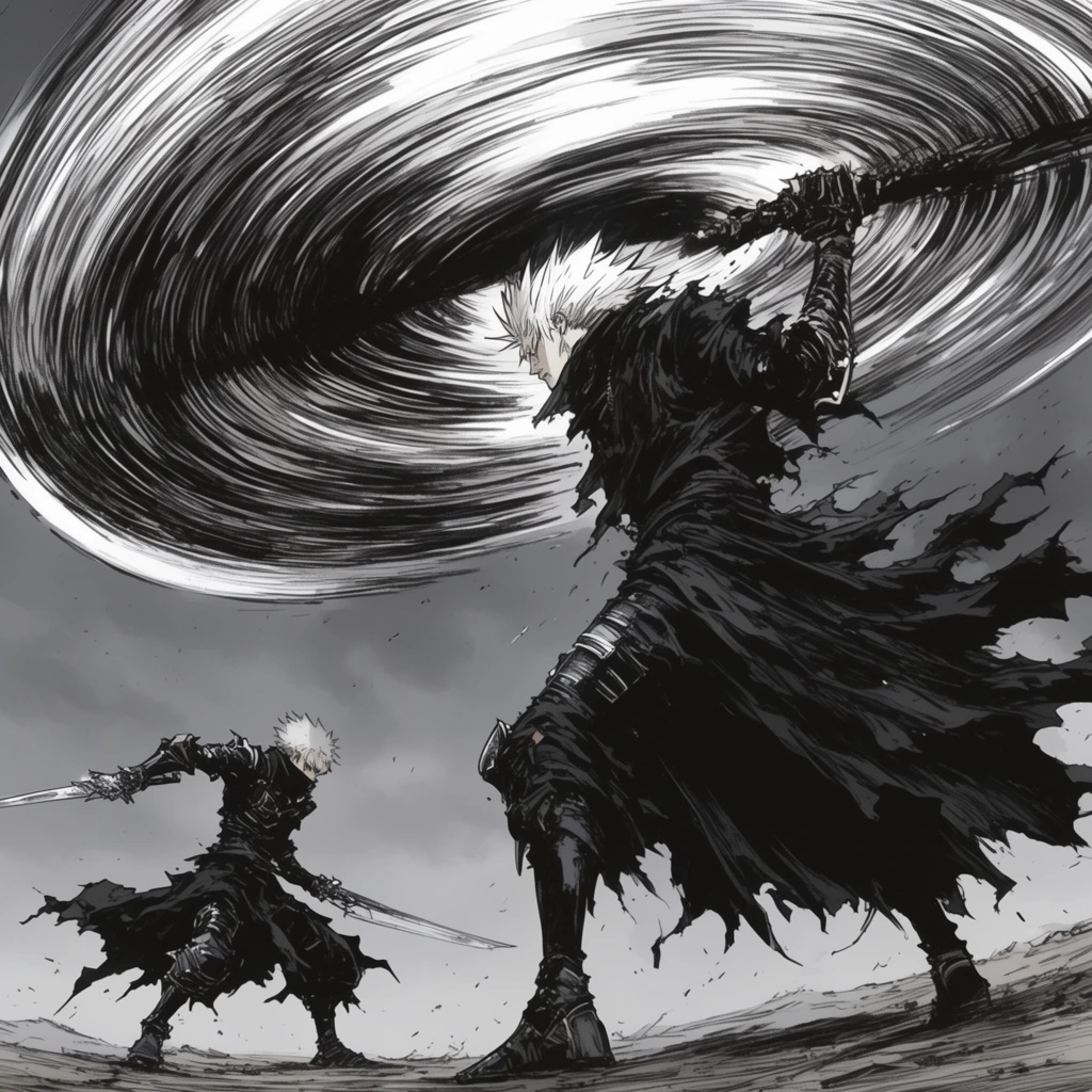 giant warrior in tattered dark robes, spiky white hair, wielding a massive spinning circular weapon, immense vortex of black and white motion lines dominating the sky, smaller swordsman in dark armor in a low combat stance, dramatic low angle perspective, monochrome manga illustration style, high contrast, grey overcast sky, barren ground, kinetic energy