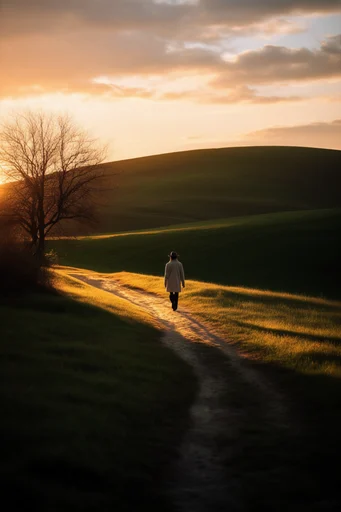 Cinematic Chiaroscuro Solitude style reference image — rolling green hills