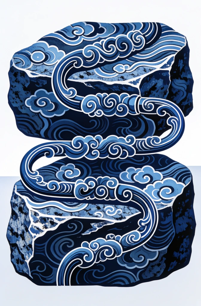 two stacked granite slabs interpreted through traditional chinese xiangyun aesthetic, a winding electrical cable rendered as flowing ornate scrolls, monochromatic palette of deep navy indigo and sky blue with sharp white outlines, layered graphic composition, dense swirling cloud and wave pattern motifs, flat minimalist white background, high-contrast linework, intricate repetitive textures, stylized organic forms, elegant and decorative oriental graphic design.