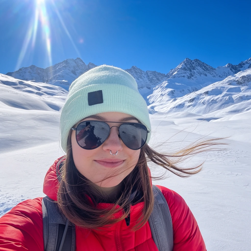 A close-up selfie of a young woman standing in a vast, snow-covered mountain landscape. She wears a vibrant red puffy jacket over grey backpack straps, dark aviator sunglasses reflecting the icy terrain, a silver septum piercing, and a light mint-green knit beanie with a dark square patch. Wind blows strands of her brown hair horizontally across her lightly smiling face. The pristine background features rolling white foothills rising into jagged alpine peaks beneath a vivid blue sky. Brilliant direct sunlight streams from the upper left, creating a prominent lens flare and casting crisp, high-contrast lighting across the wintery scene in this bright, wide-angle outdoor photograph.