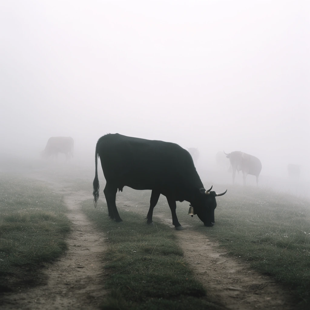 grazing cattle in thick white fog, dark silhouette of a horned cow with a bell, dirt paths on sparse grass, faint animal shapes fading into heavy mist, atmospheric minimalist photography, low contrast, ethereal mood