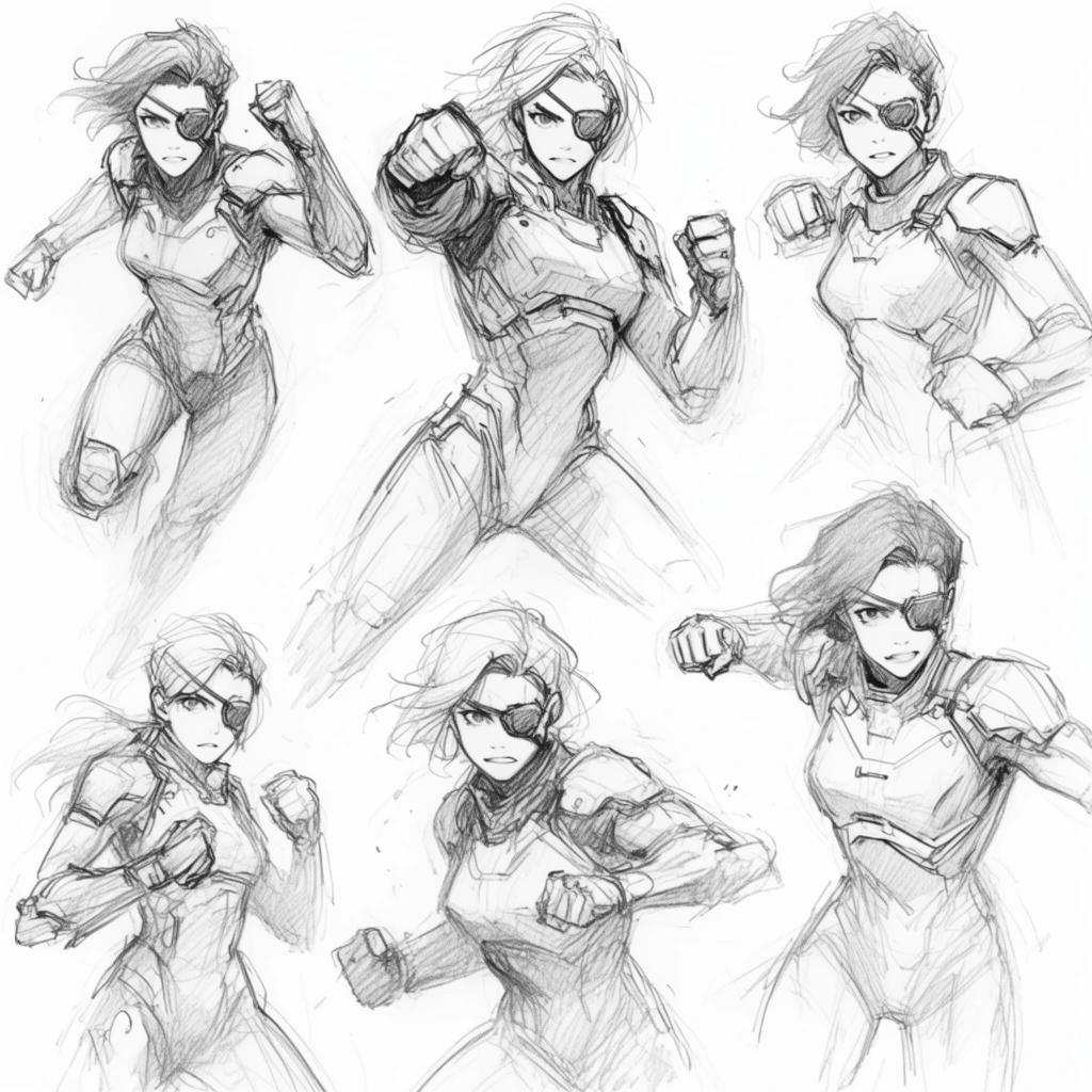 Pencil sketch character sheet, adult female sci-fi warrior, armored bodysuit, cybernetic eyepatch, six dynamic action poses, leaping forward, throwing a punch, determined expressions, energetic graphite linework, white background, rough expressive draftsmanship