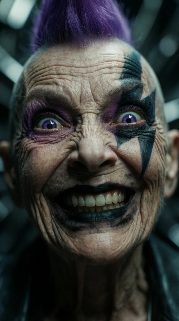 A tight cinematic close-up of an elderly woman with deep facial wrinkles sporting an intense, wide-eyed grin. She has a bright purple mohawk, piercing violet eyes, and a jagged lightning bolt painted across her left eye. Her lips are coated in smudged matte black lipstick. The portrait features a shallow depth of field, focusing sharply on her manic expression while blurring the background into dark, abstract metallic textures. The scene is illuminated by dramatic, high-contrast lighting with a cool, greenish-blue cinematic color grade and a distinct grainy film texture.