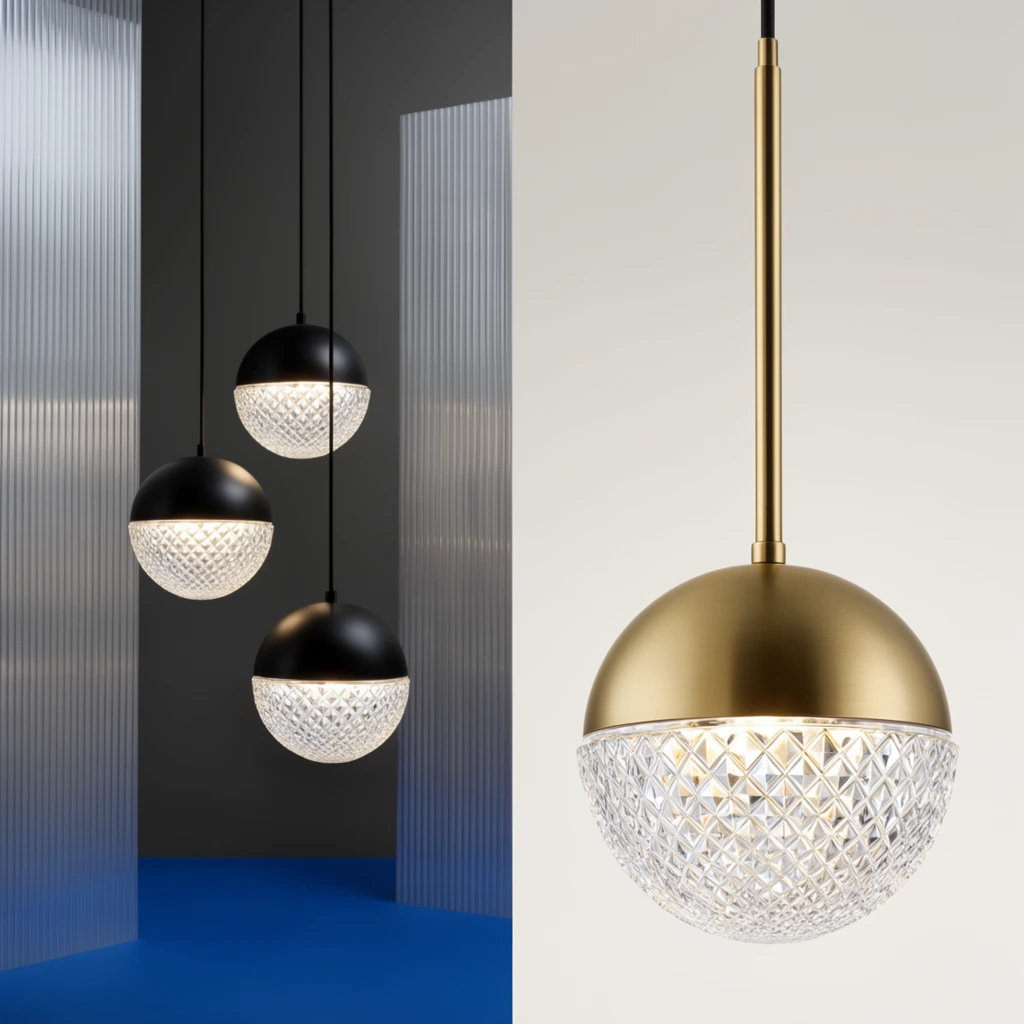 A split-screen diptych showcasing modern spherical pendant lights. The left panel displays three staggered fixtures suspended from thin black cords against a dark gray wall, a vibrant blue floor, and tall vertically fluted frosted panels. Each light features a matte black upper hemisphere and an illuminated diamond-textured prismatic glass lower hemisphere. The right panel presents a close-up of a single pendant suspended by a rigid cylindrical rod against a seamless off-white studio backdrop. This fixture pairs a brushed brass upper half and rod with an identically textured, glowing prismatic glass lower half. Precise studio lighting highlights the delicate glass refraction and smooth metallic finishes.