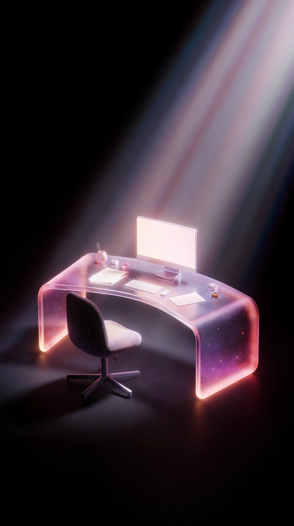 A futuristic curved translucent desk with glowing pink edges and starry textures sits in a pitch-black void alongside a speckled swivel chair. A bright monitor, papers, and small objects rest on the surface. A dramatic diagonal shaft of volumetric light beams down from the top right, illuminating the dreamlike 3D render in a soft-focus bloom.
