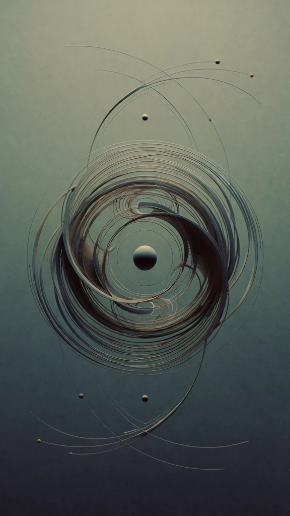 center-weighted minimalist surrealism, a singular central circle enveloped by intricate swirling rings and fine-line trajectories, rendered with soft diffused overcast daylight, muted and desaturated color palette of sage green and dusty slate blue, fine 35mm film grain texture, atmospheric cinematic depth with a soft-focus peripheral haze, matte organic finish, low-contrast lighting, ethereal and melancholic mood, precisely balanced geometric forms with tactile photographic realism
