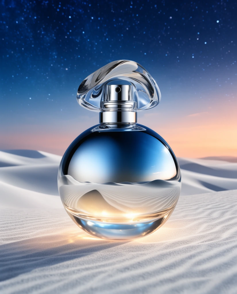 spherical reflective glass perfume bottle, metallic silver and blue gradients, clear sculptural cap, resting on rippled white sand dunes, surreal desert landscape, twilight sky blending starry deep blue into warm peach horizon, luminous warm glow beneath the glass base, photorealistic product photography, ultra-detailed, high gloss, cinematic lighting