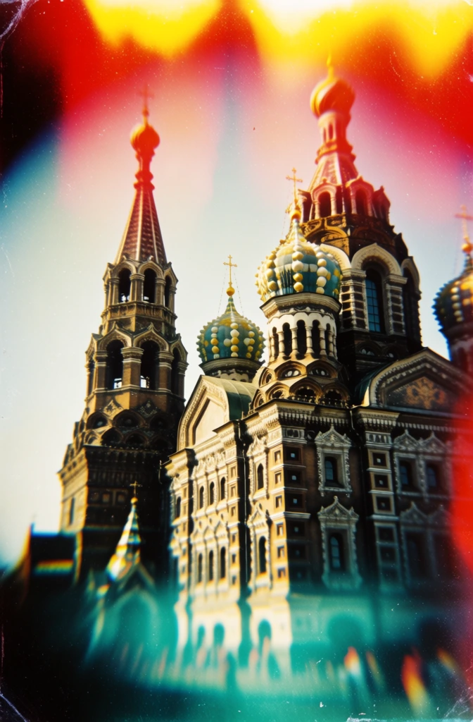 a grainy analog film photograph of a majestic cathedral featuring intricate patterned domes and a soaring tall tower, heavy vintage film grain, vibrant light leaks in saturated reds and yellows bleeding from the top, hazy teal chromatic aberration at the base, soft-focus dreamlike aesthetic, moody high contrast black shadows, ethereal bokeh highlights, lo-fi nostalgic texture, cinematic lens flare, blurred architectural silhouettes, saturated colors bleeding into dark negative space.