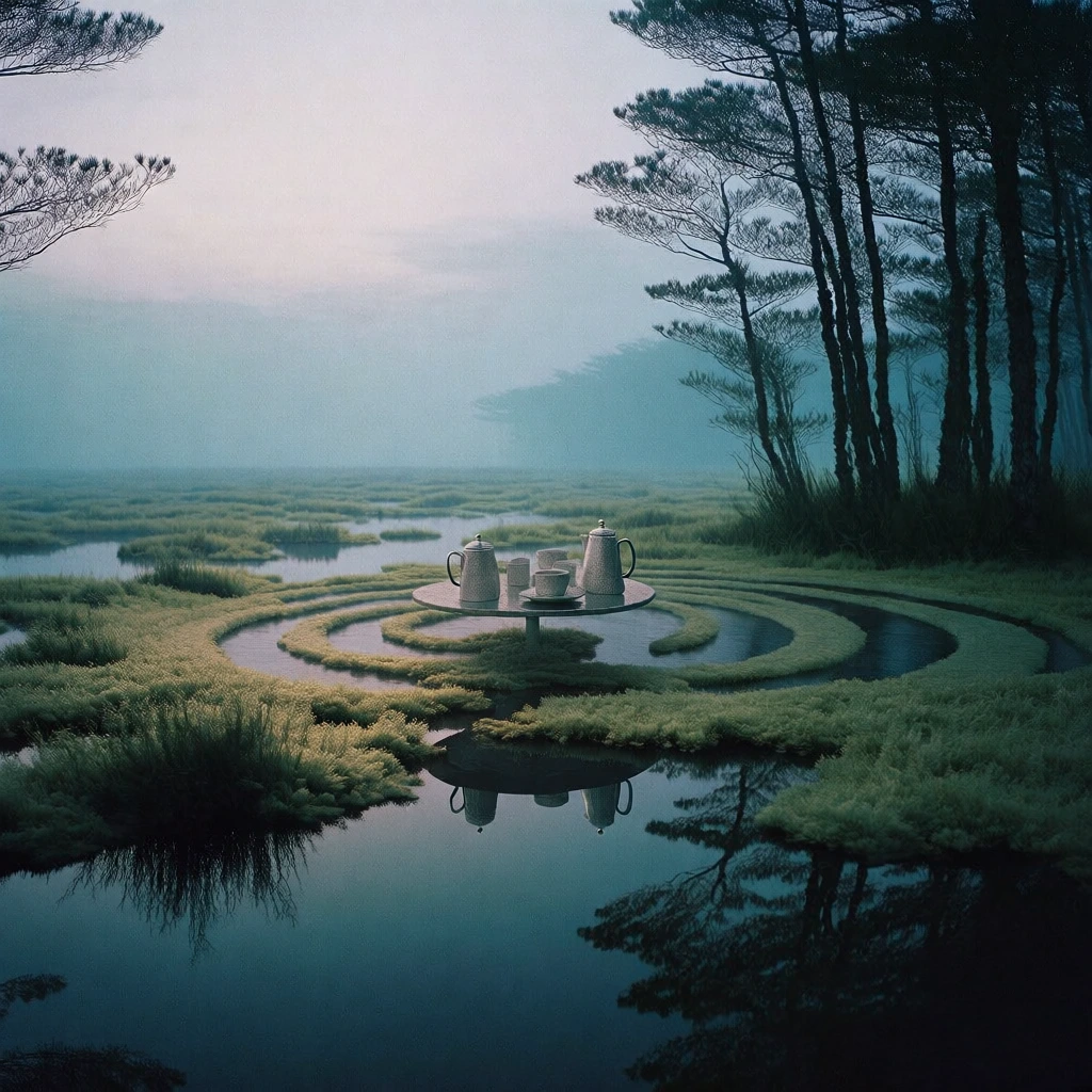 cinematic wide shot of a tea and coffee service set on a floor featuring a pattern of concentric circles placed in a moody wetland at dawn, ethereal cool-toned color grading with desaturated teal and olive green, soft diffused overcast lighting, grainy film aesthetic, prominent reflections in still dark water foreground, silhouettes of tall slender trees framing the right, minimalist and melancholic composition, high-end editorial magazine style, muted charcoal and emerald palette.