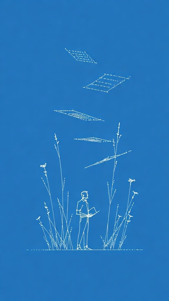 minimalist monolinear technical vector illustration, white linework on a flat vibrant blue field, a man holding a folder standing among tall thin stalks of flora and wildflowers, floating sheets of paper rendered as rectangular planes, every stroke composed of precise binary-coded dashes and perpendicular tick marks mirroring the pulsar map aesthetic, scientific blueprint style, ultra-fine hair-thin strokes, geometric abstraction, high-contrast flat graphic execution, no shading.